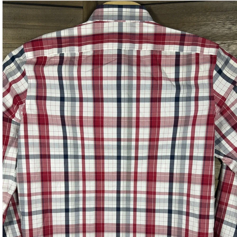 Banana Republic Men L Camden Fit Non-Iron Plaid Button Down Shirt Red Navy White